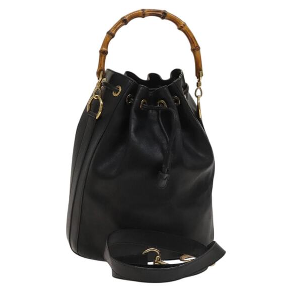 GUCCI Bamboo Hand Bag Leather Black Gold 001 2855 1657 0 - Picture 1 of 16